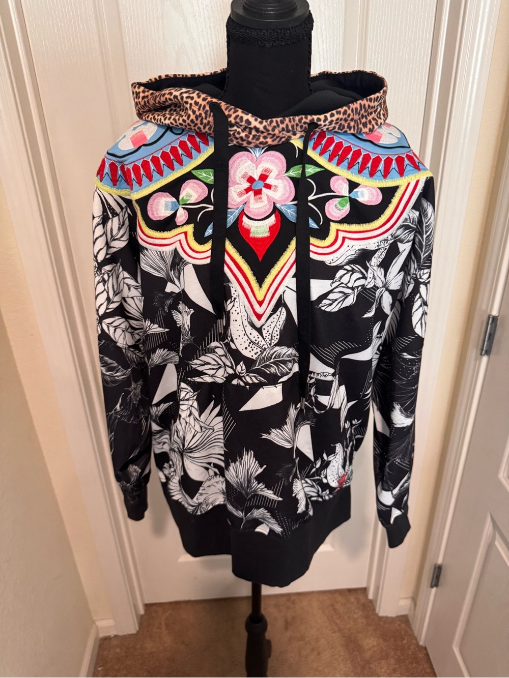 Limited edition Black Floral Graphic Hoodie with Multicolor Embellished Hood